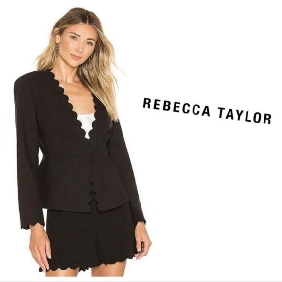 Rebecca Taylor Scalloped Blazer 6 Jacket Suit Black Long Sleeve Top Peplum Small - Picture 3 of 12
